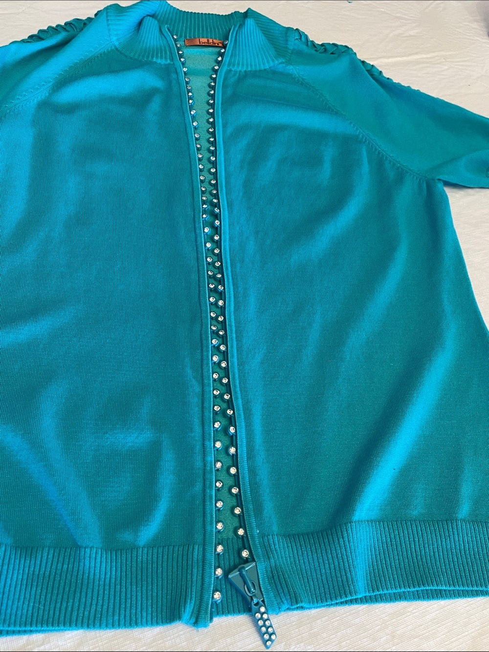 Belldini Teal Rhinestone Zip-Front Short Sleeve Sweater Size XL - Picture 15 of 16